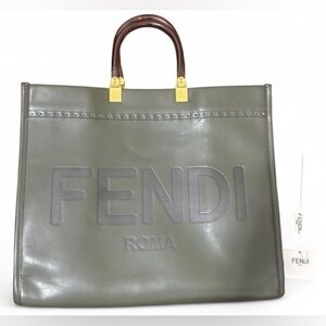 NWT AUTHENTHIC Fendi Sunshine Leather Olive Green and Gold Leather Tote Bag